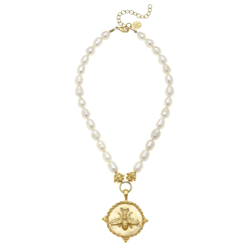 Bee Pendant & Genuine Freshwater Pearl Necklace