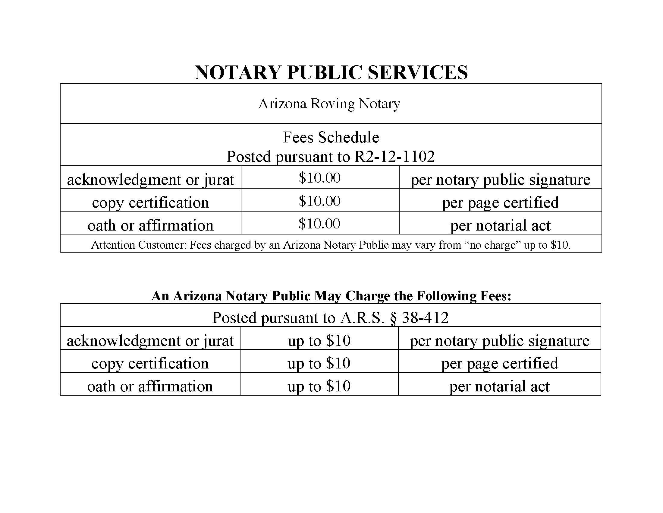 AZ Regulated Fee Schedule for AZ Roving Notary