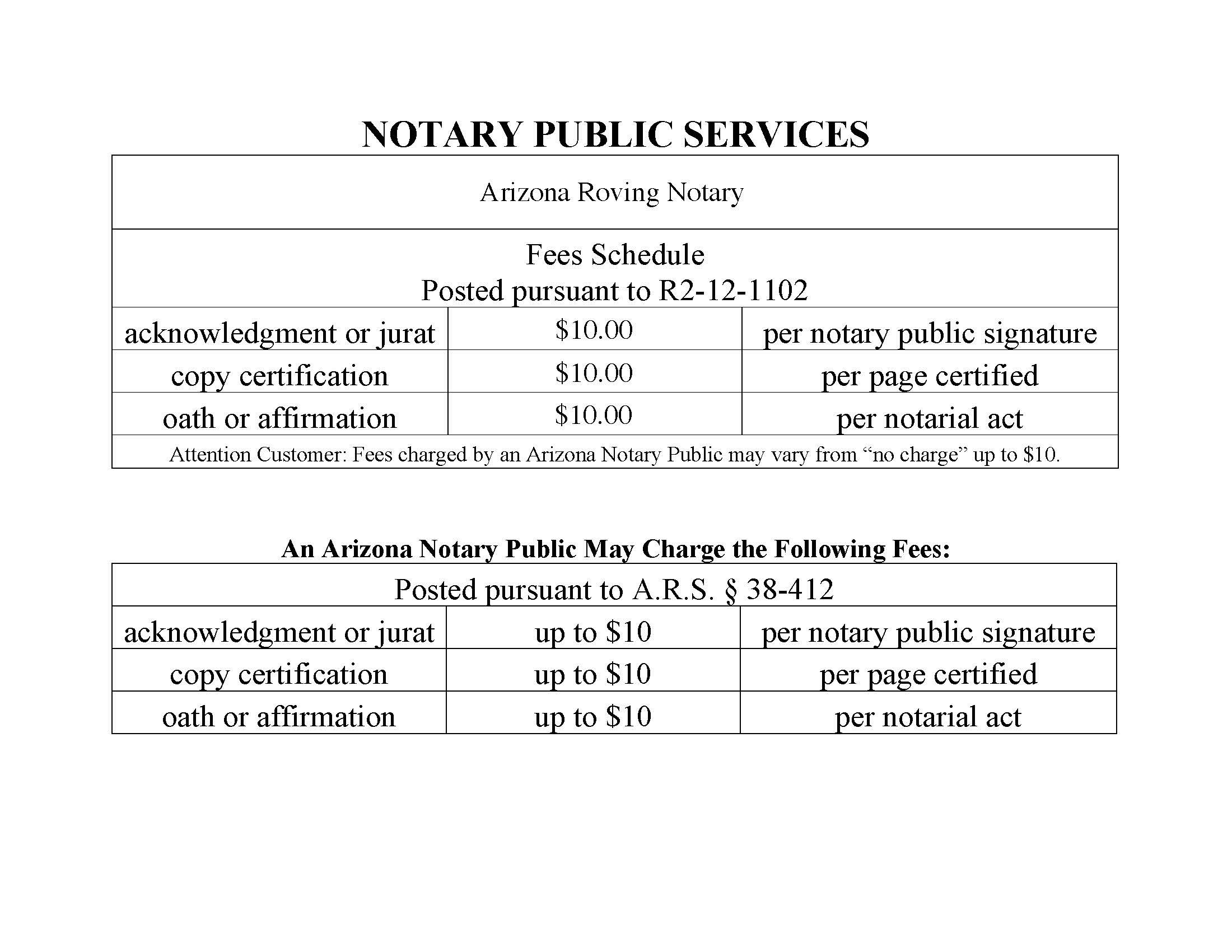 AZ Regulated Fee Schedule For AZ Roving Notary